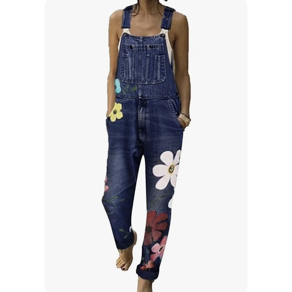Misslook Denim Overall JEANS Women 3XL Blue PAINTED flower Distress‎ 34x31